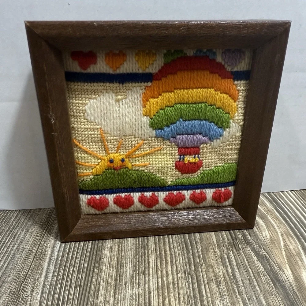 Framed Vtg Completed Needlepoint Hot Air Balloon Colorful Sun 6.5